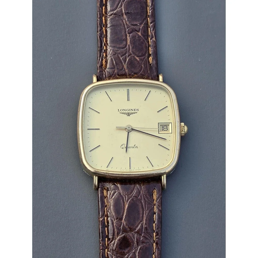 VTG Longines Golden TV Mens Watch Classical Champagne Dial Brown Leather Swiss